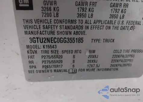 2016 GMC Sierra 1500 Slt z USA, uszkodzony, nr VIN 3GTU2NEC0GG355185